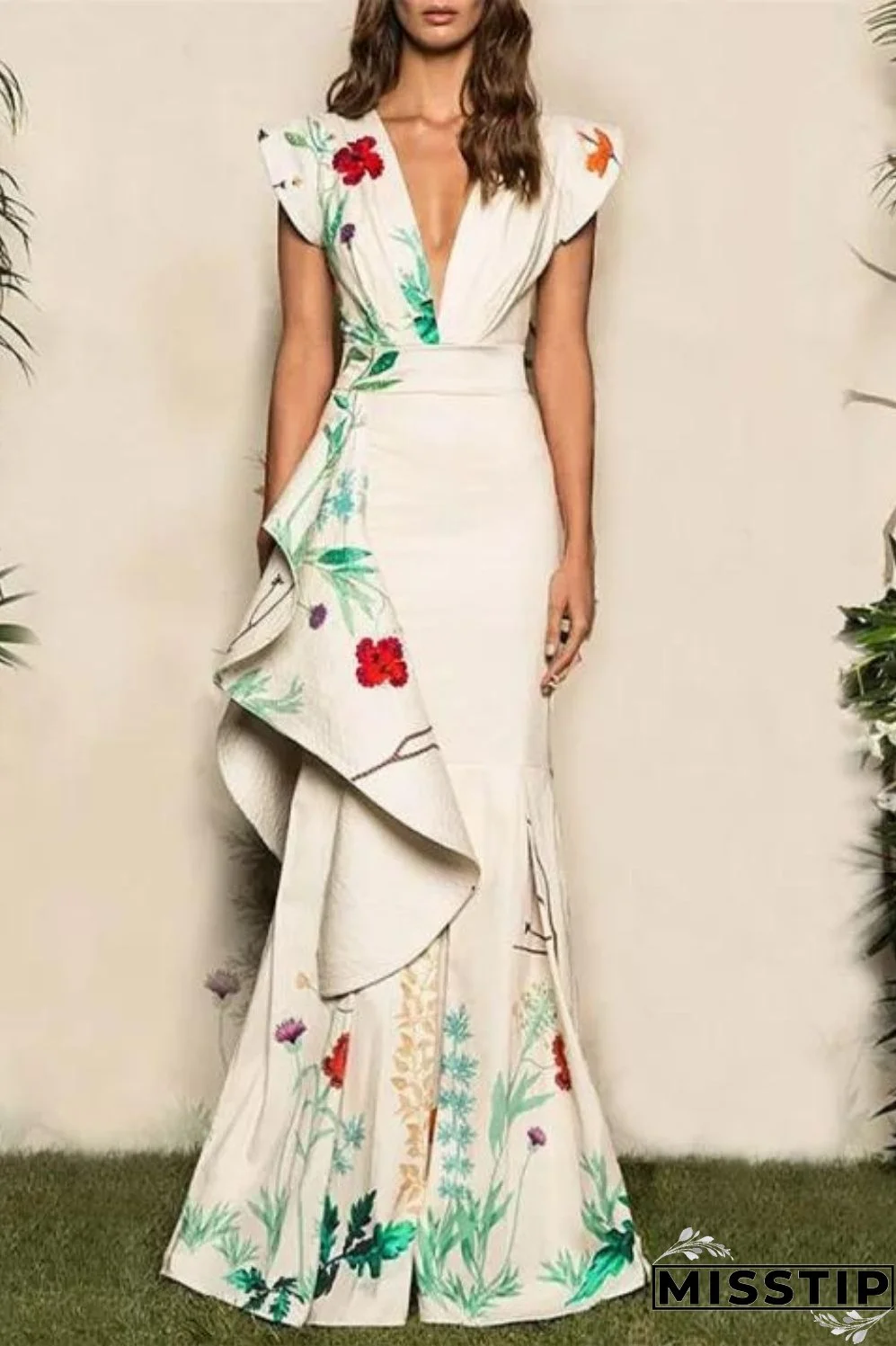 Fashion Sexy Deep V Neck Mermaid Retro Temperament Slim Drape Maxi Dress