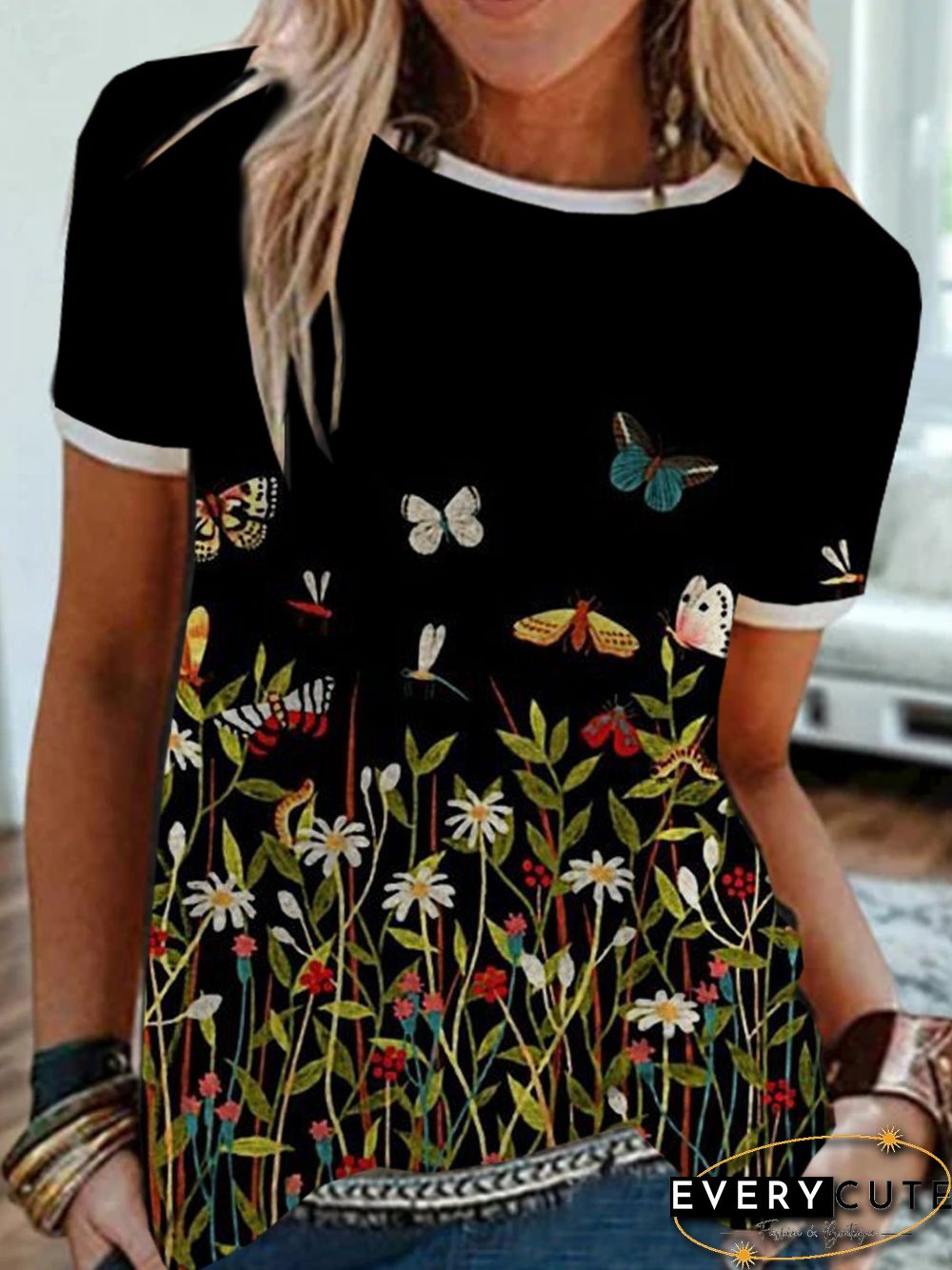 Floral Short Sleeve Printed Cotton-blend Crew Neck Casual Summer Black Top