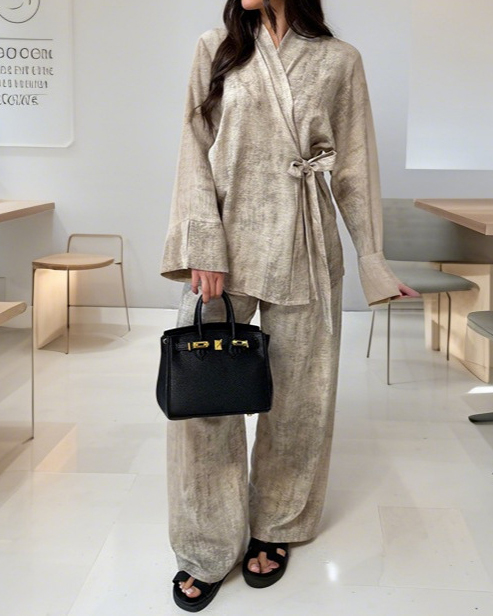 Long Sleeve Wrap Style Tie Top & Wide Leg Pants Two-Piece Set