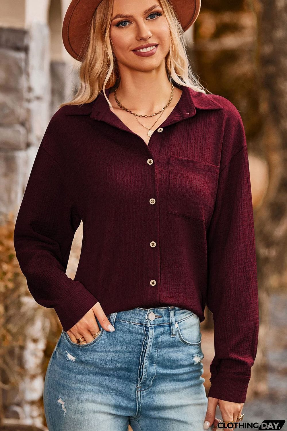 Twisted Collared Neck Long Sleeve Shirt
