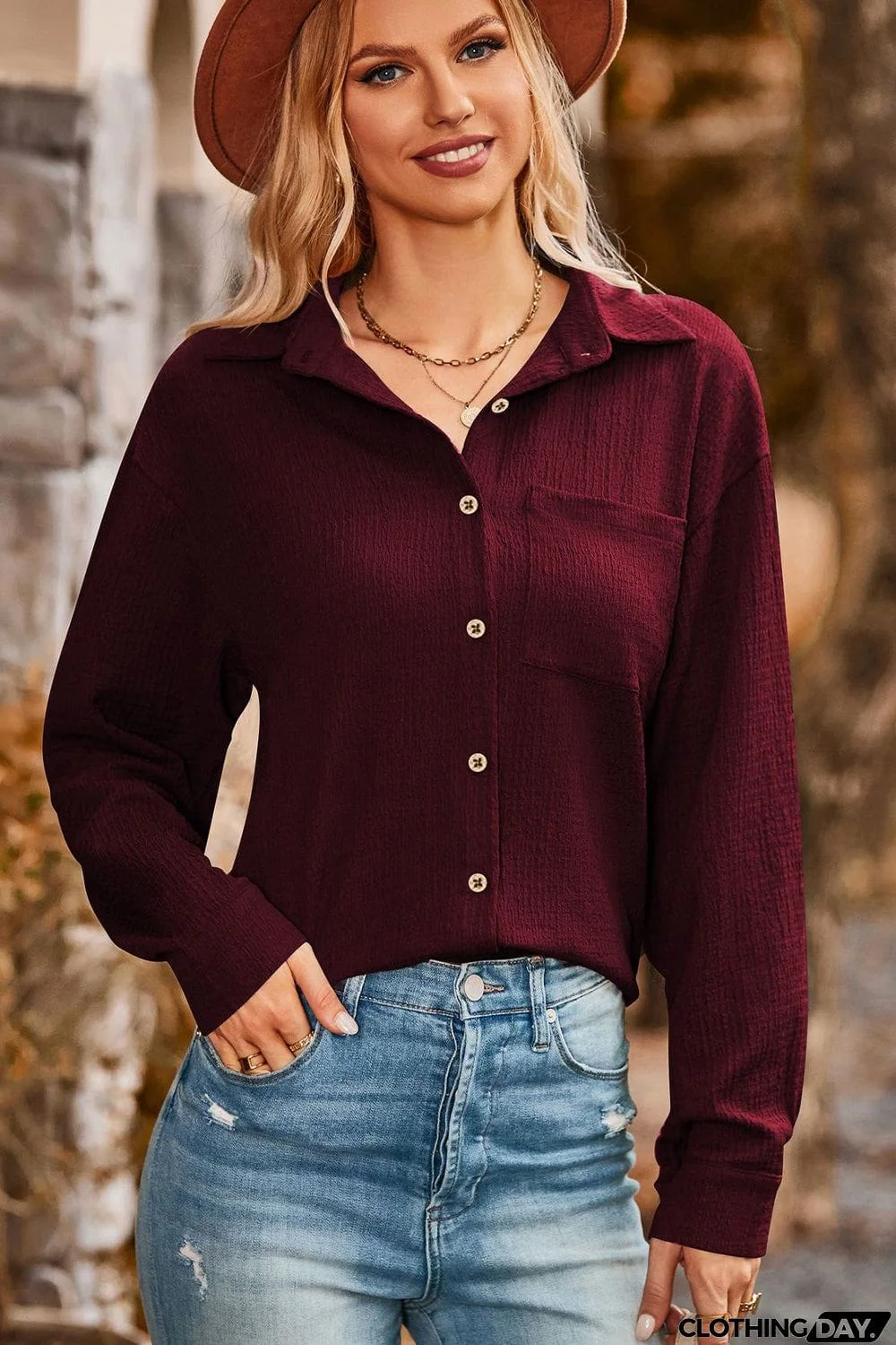 Twisted Collared Neck Long Sleeve Shirt