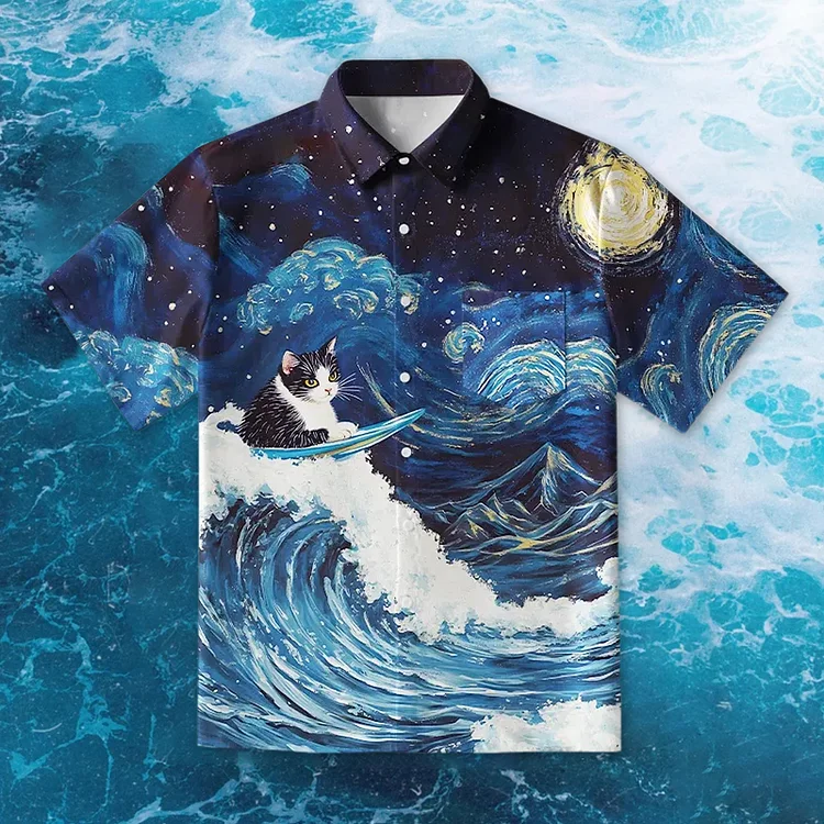 Simpfit Herrenhemd mit Knopfleiste „The Great Wave Off Cat“