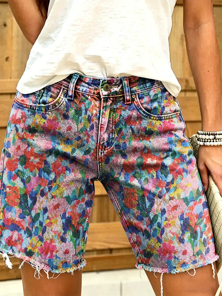 Ethnicity Bohemian Flowers Women's Art Print Casual Denim Shorts
