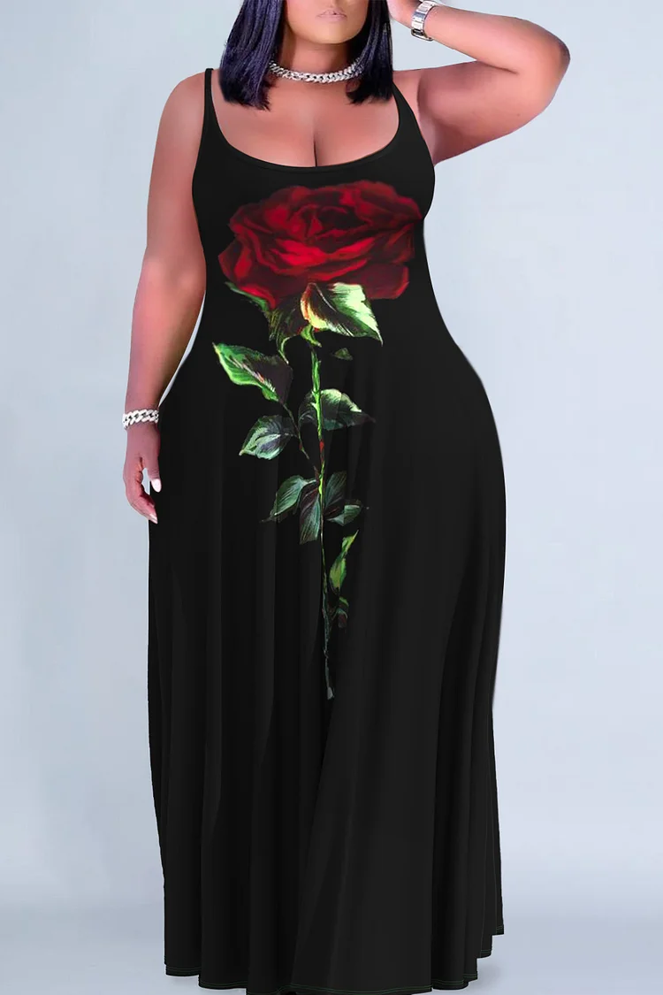 Plus Size Casual Black Floral Print U Neck Sleeveless Sundress Maxi Dress