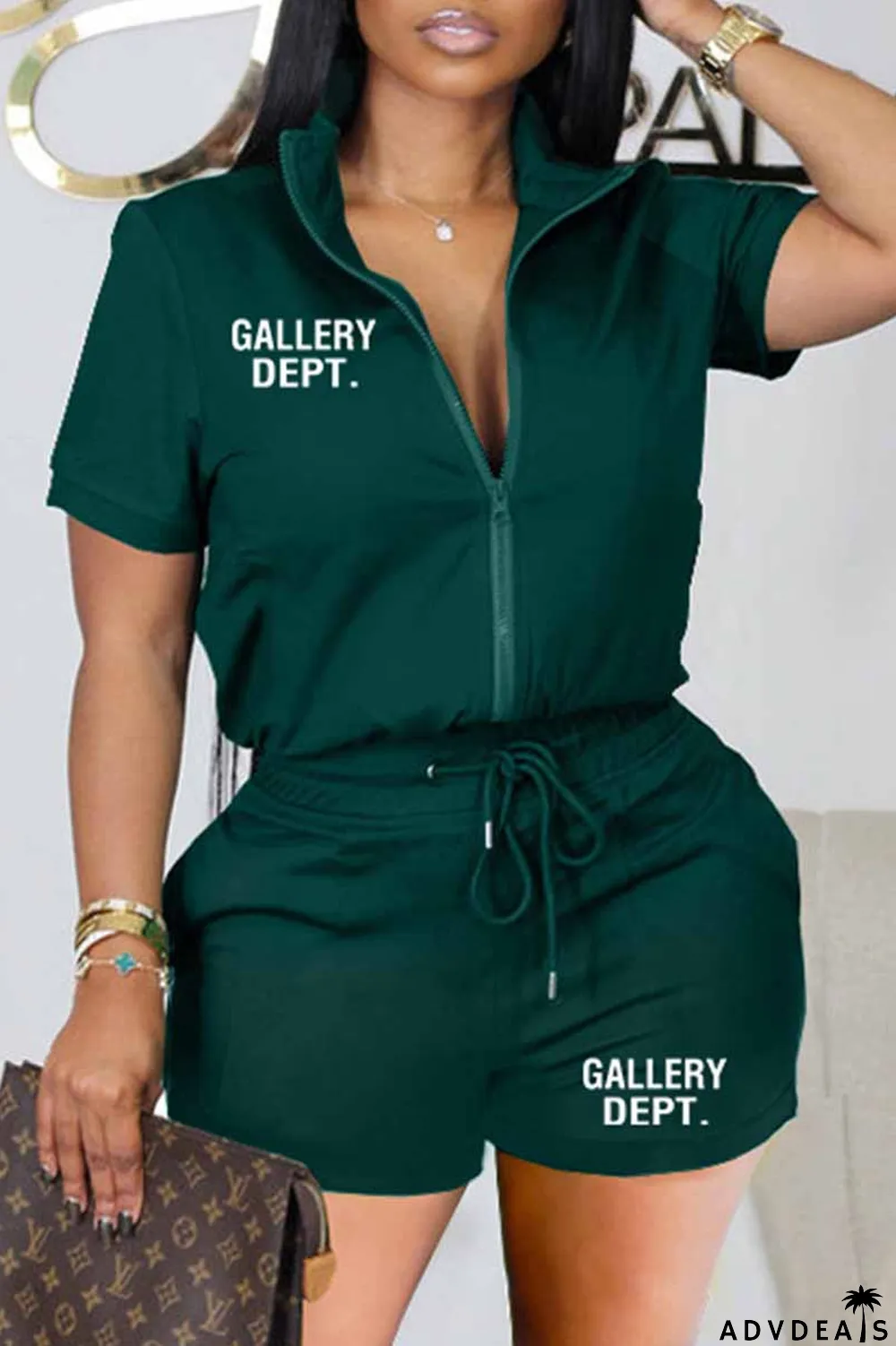 Black Casual Print Letter Zipper Collar Short Sleeve Two Pieces