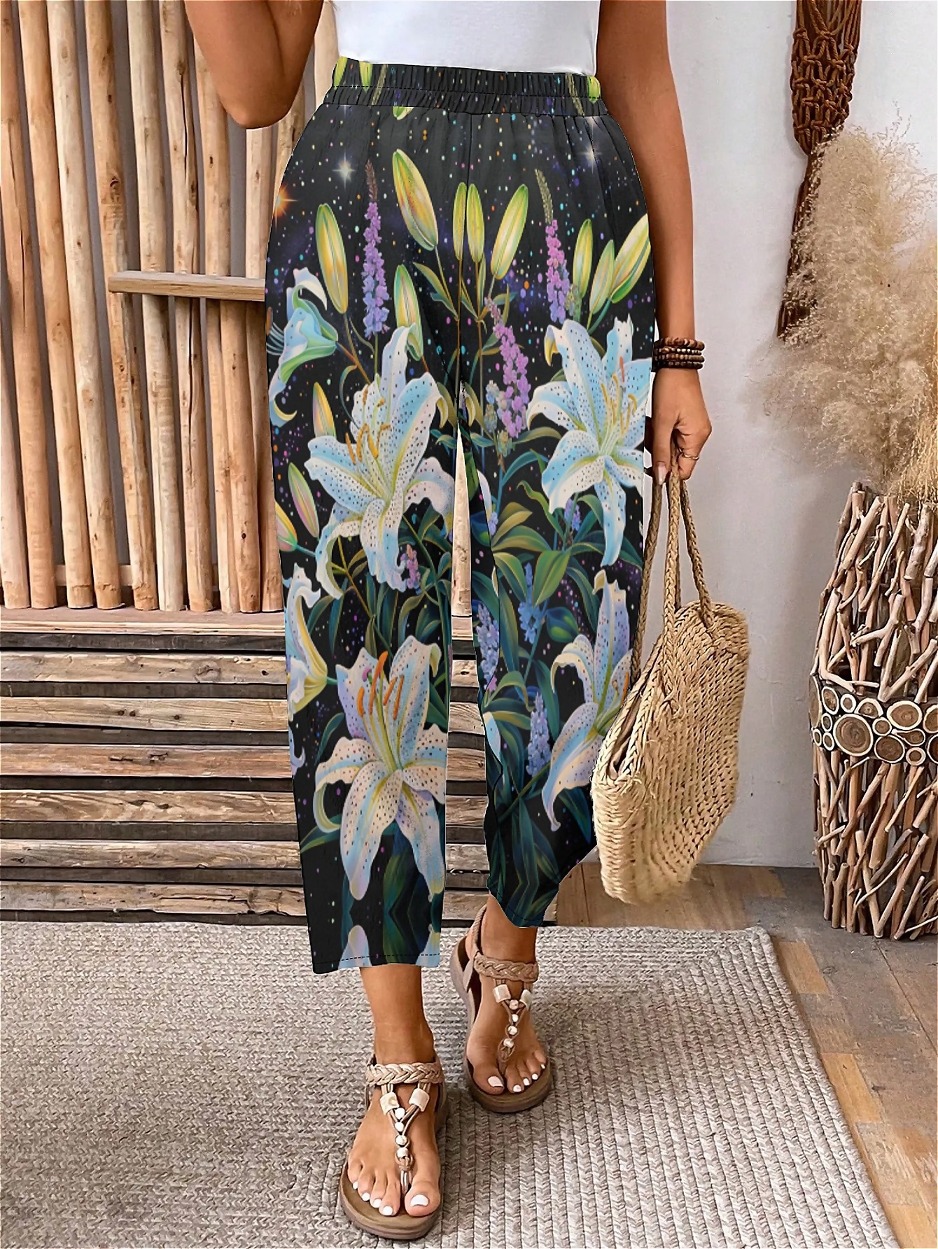 Plus Size Elastic Waist Floral,Lilies Printed Pants