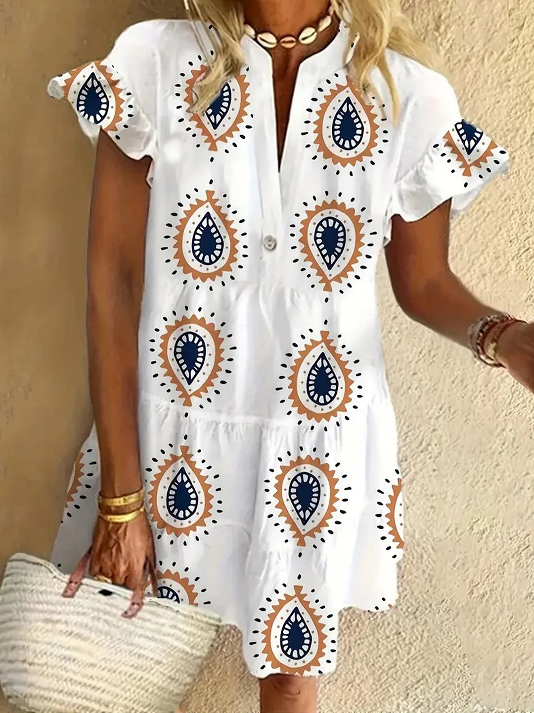 Retro Water Drop Shape Pattern Ruffled Short-sleeved V-neck Buttoned Dress Vacation Beach Dress