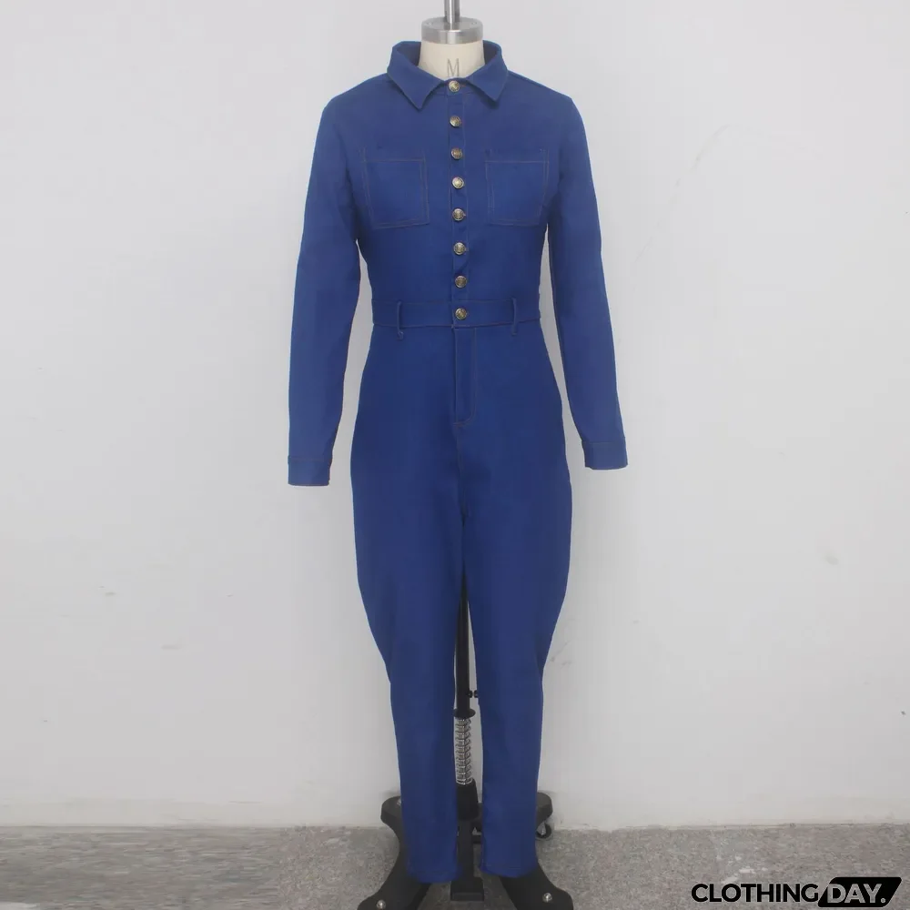 Plus Size Denim Long Sleeve Skinny Jeans Jumpsuits