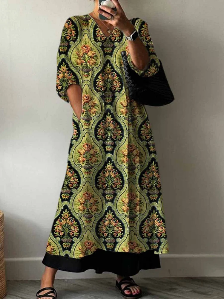 Women's Vintage Lovely Floral Art Print Pocket V-neck Cotton Dress
