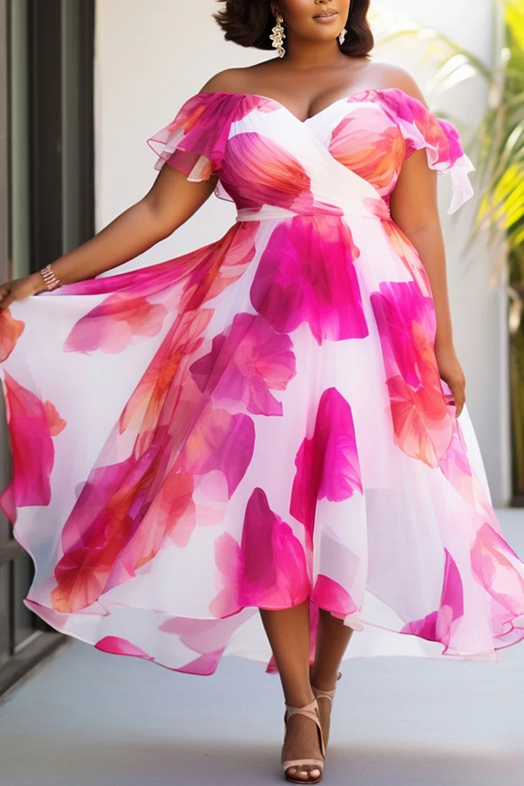 Xpluswear Design Plus Size Vacation Pink Sundress Floral Off The Shoulder Ruffle Chiffon Maxi Dresses [Pre-Order]