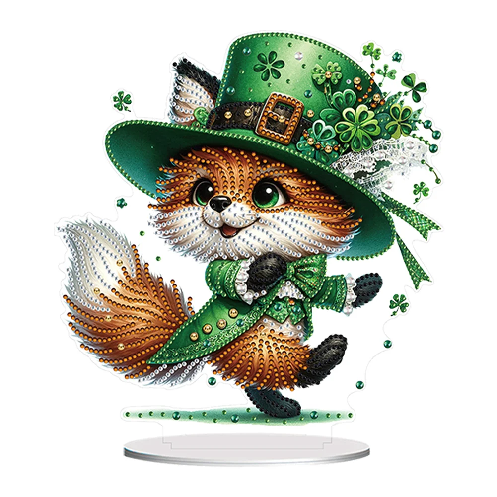 DIY Acrylic St. Patricks Day Fox Special Shape Diamond Painting Tabletop Ornament Creative Home Decor & Gift Idea for Adults - Relaxing Craft Activity