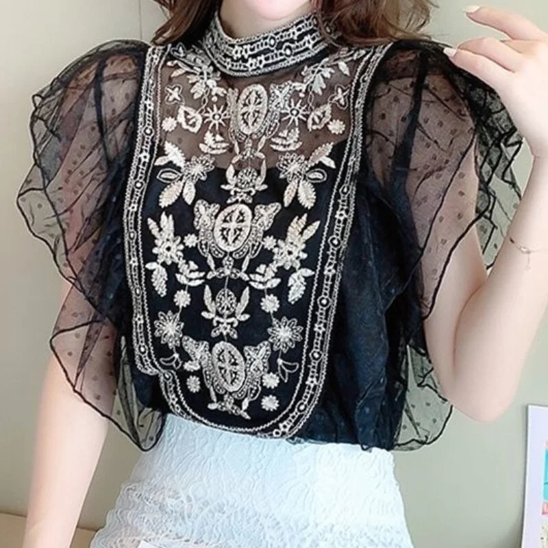 Jangj Hollow Out Mesh Two Piece Set Shirt Korean Style Summer Fashion Clothing Round Neck Puff Short Sleeves Blouse for Female