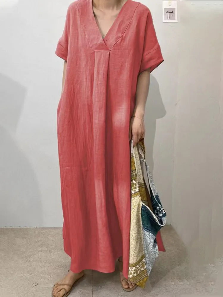 Women's Casual Short-sleeved V-neck Cotton Linen Maxi Dress