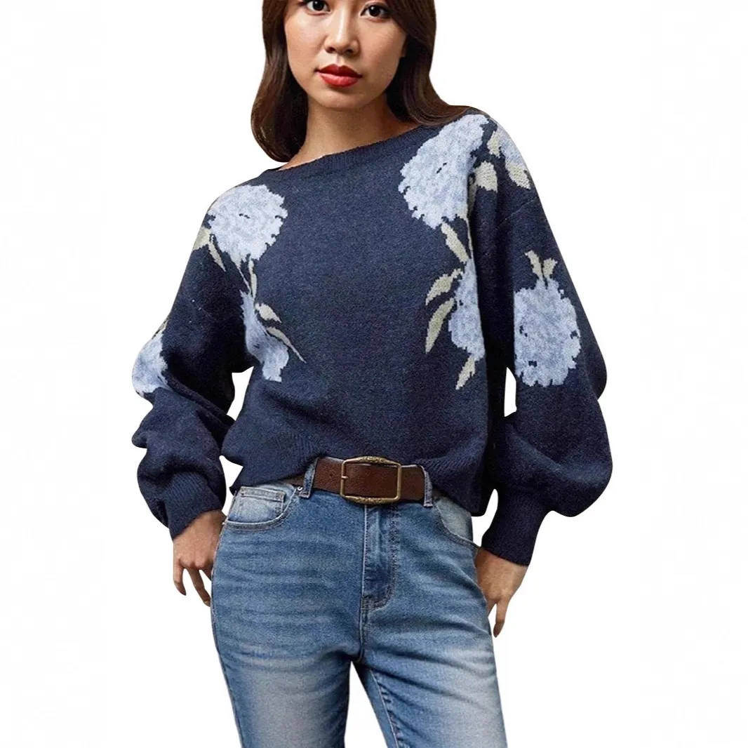 Women's Floral Jacquard Boat Neck Sweater