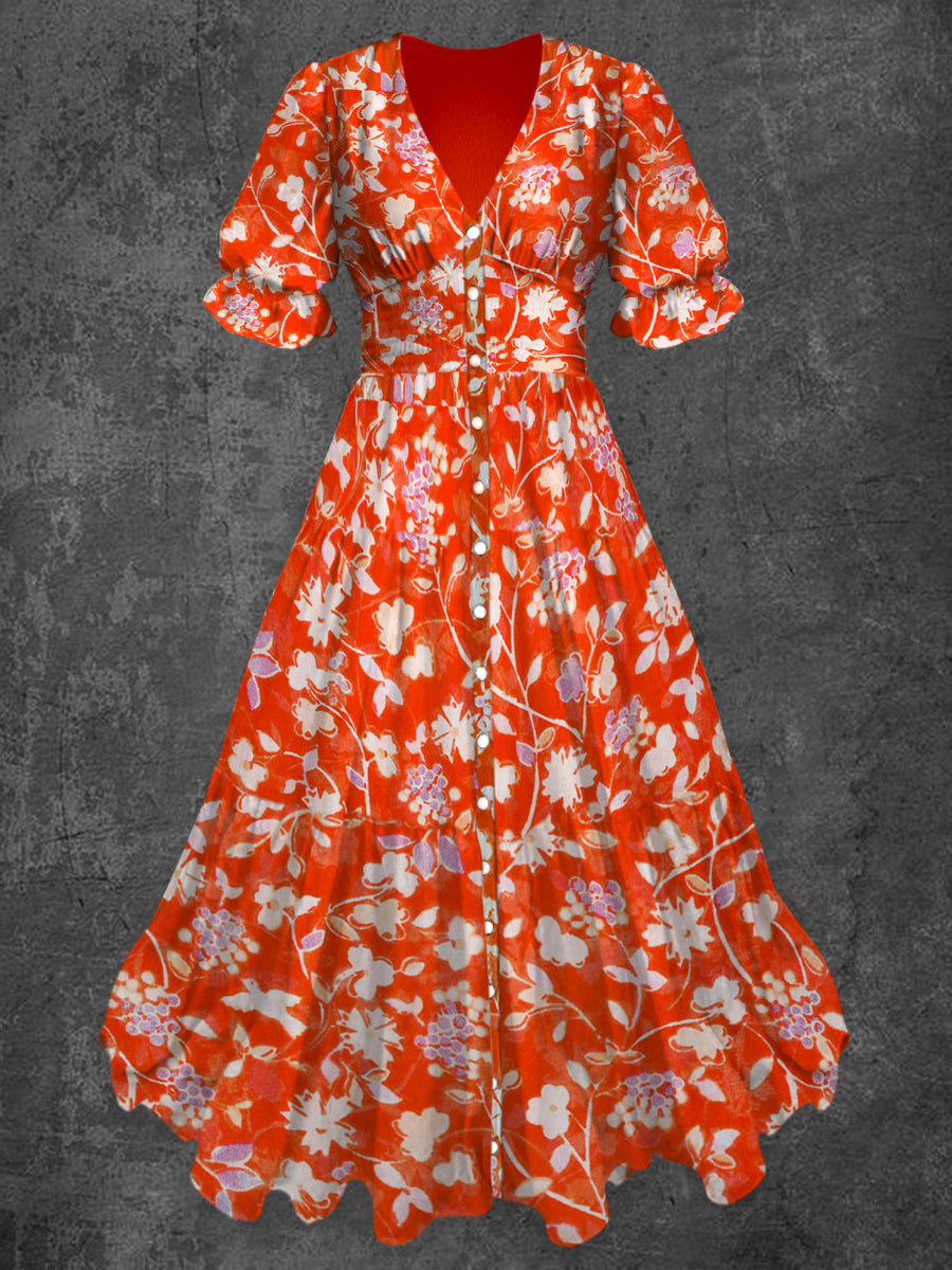 Retro Floral Art Print Chic V-Neck Button Up Short Sleeve Midi Dress