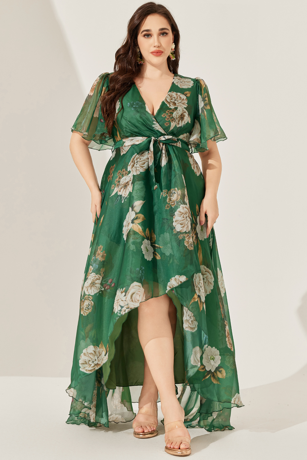 Flycurvy Plus Size Everyday Green Floral Print Wrap Waist Flutter Sleeve Maxi Dress 2024 - Flycurvy 