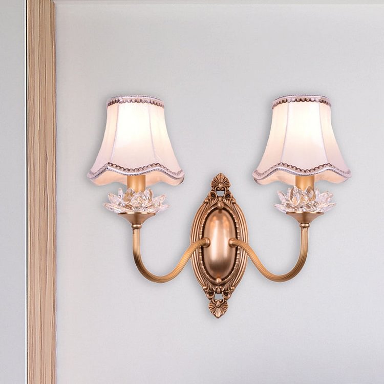 2 Heads Crystal Wall Lamp Traditional Brass Scalloped Living Room LED Wall Sconce Light