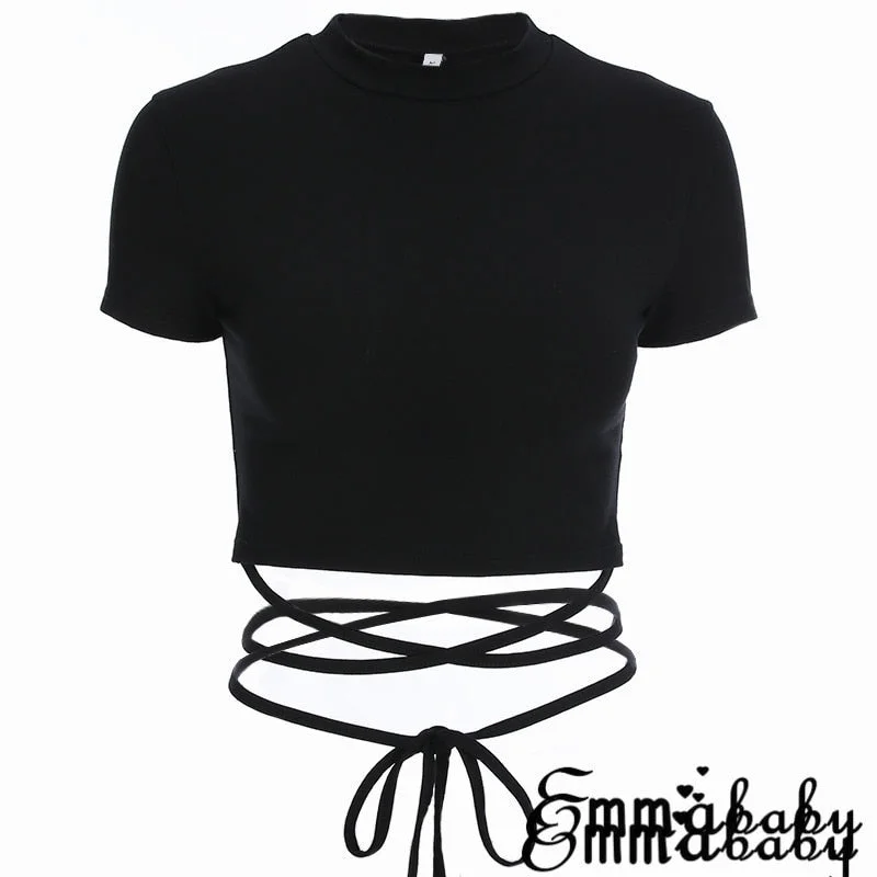 2020 Summer Women Black Short T-Shirts Sexy Crop Tops Short Sleeve Bandage Tee Tops Female Shirts