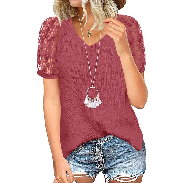 XS-8XL Spring Summer Tops Plus Size Fashion Clothes Women's Casual Short Sleeve Tee Shirts Ladies Deep V-neck Blouses Solid Color Lace Tops Beach Wear Cotton T-shirts Loose Tops