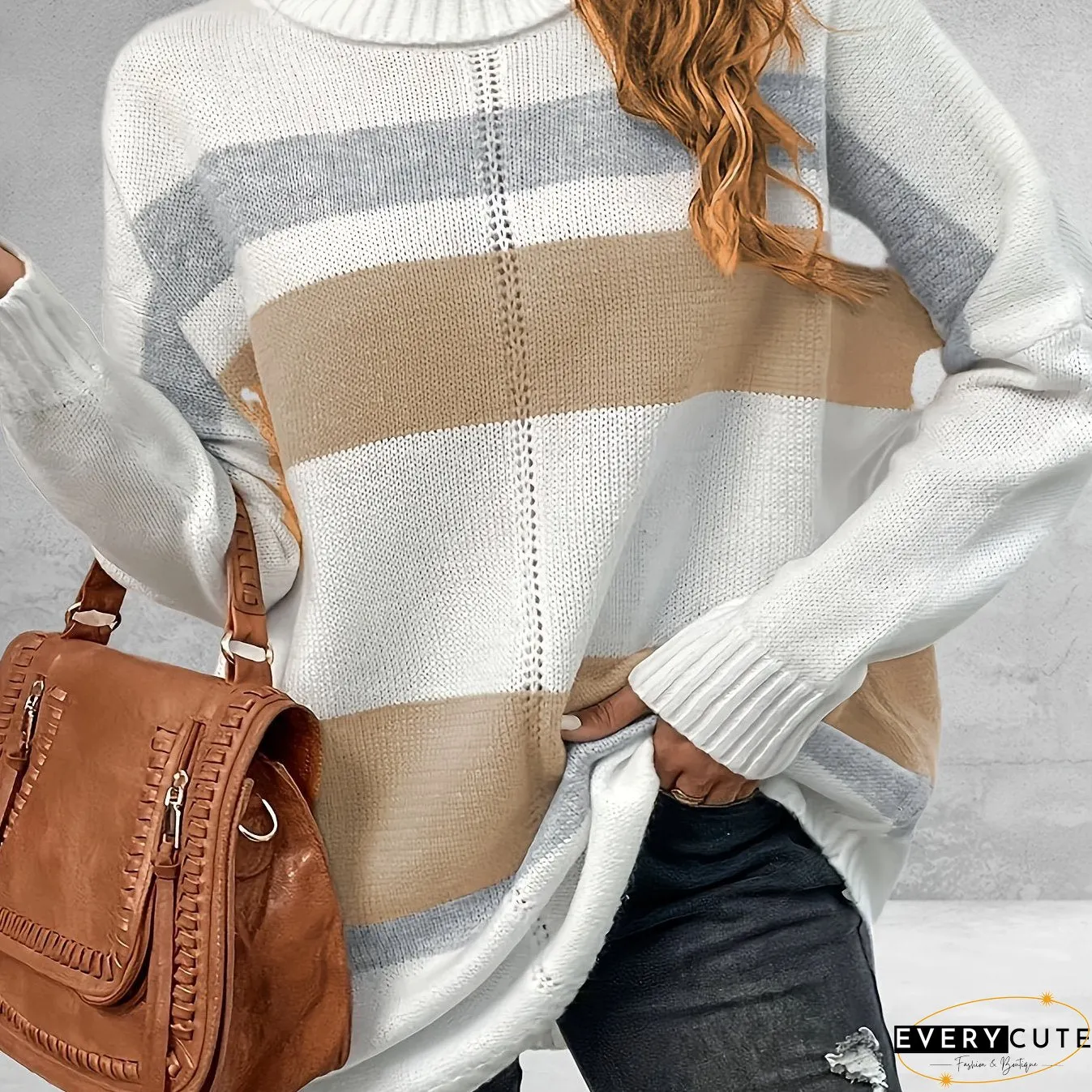 Plus Size Casual Sweater, Women's Plus Colorblock Long Sleeve Turtle Neck Slight Stretch Sweater