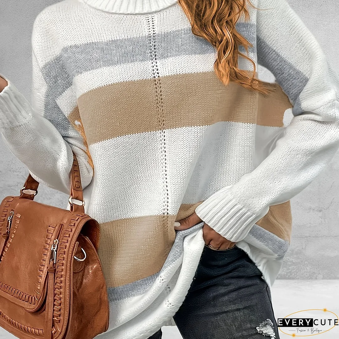 Plus Size Casual Sweater, Women's Plus Colorblock Long Sleeve Turtle Neck Slight Stretch Sweater