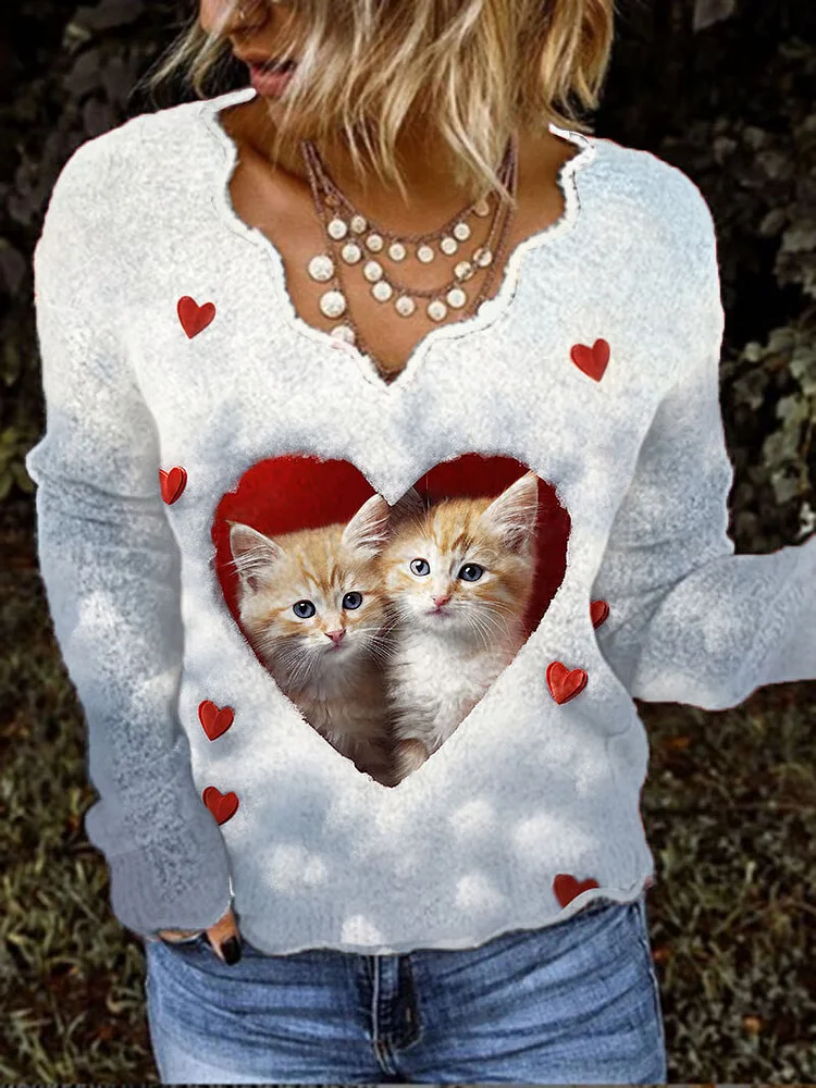 Women's Valentine's Day Cute Cat Print Long Sleeve Top