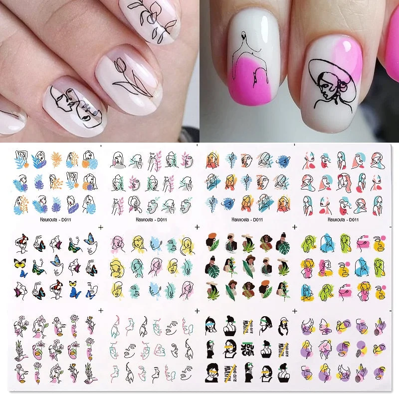 Harunouta 12Pcs/Set Abstract Face Water Decals Stickers Woman Leaves Pattern Sliders Paper Nail Art Decoration Manicurs