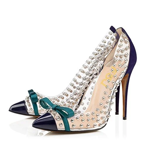 Navy Clear Rivet Pointed Toe Stiletto Heels Vdcoo