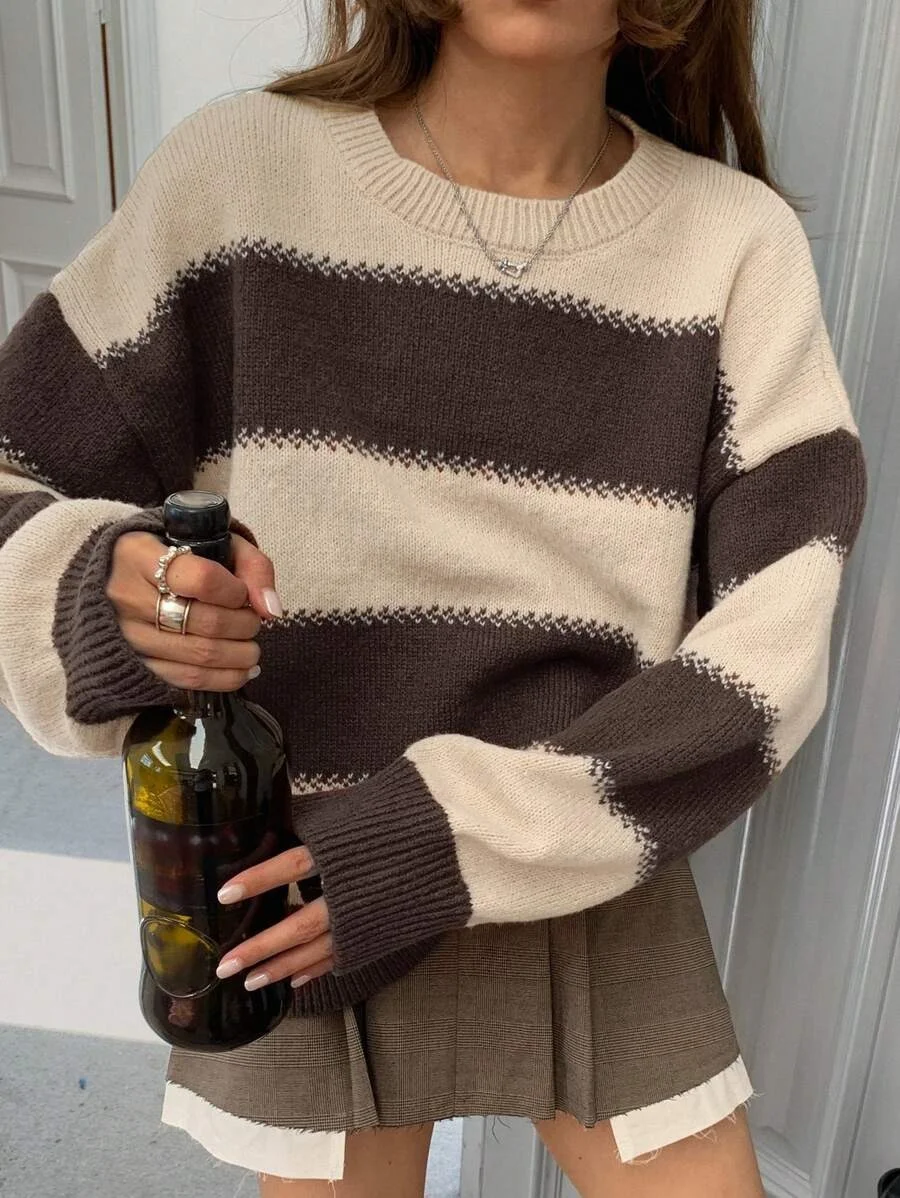 Nigikala Nigikala Wind Stripe Bumpy Long-Sleeved Knitted Shirt Women's Autumn Collar Collar Temperament Top Sweater