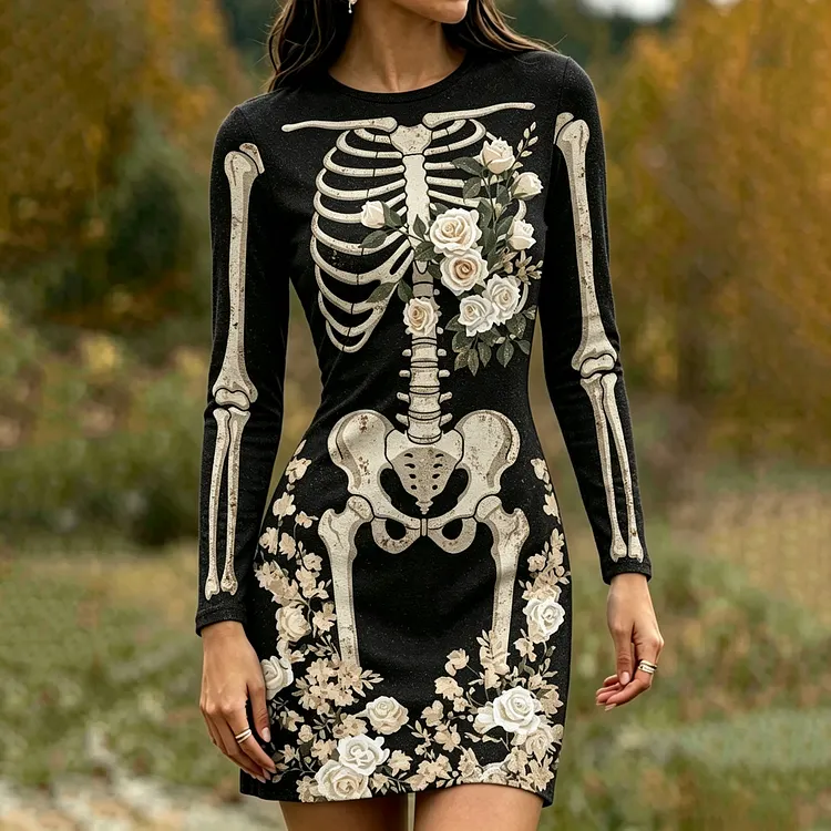Women's Gothic Skeleton With White Floral Art Print Bodycon Mini Dress