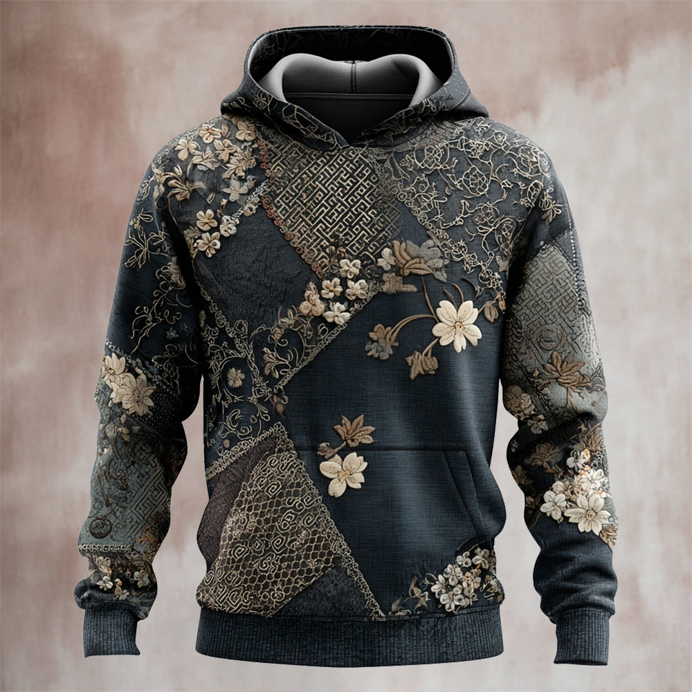Japanese Floral Patchwork Art Men's Hooded Sweatshirt  artssus