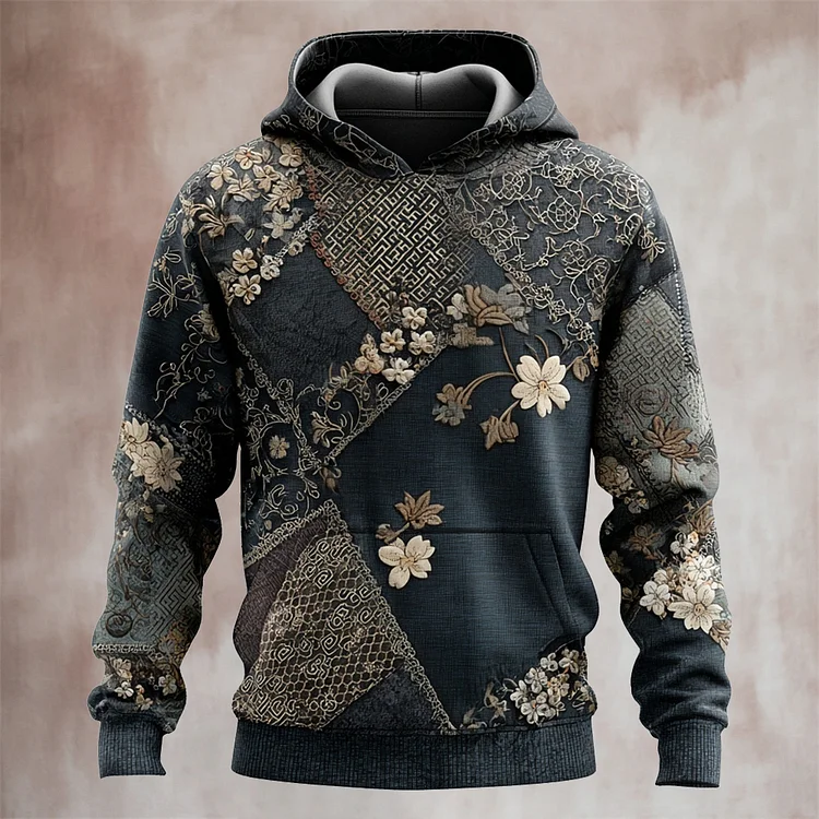Japanese Floral Patchwork Art Men's Hooded Sweatshirt