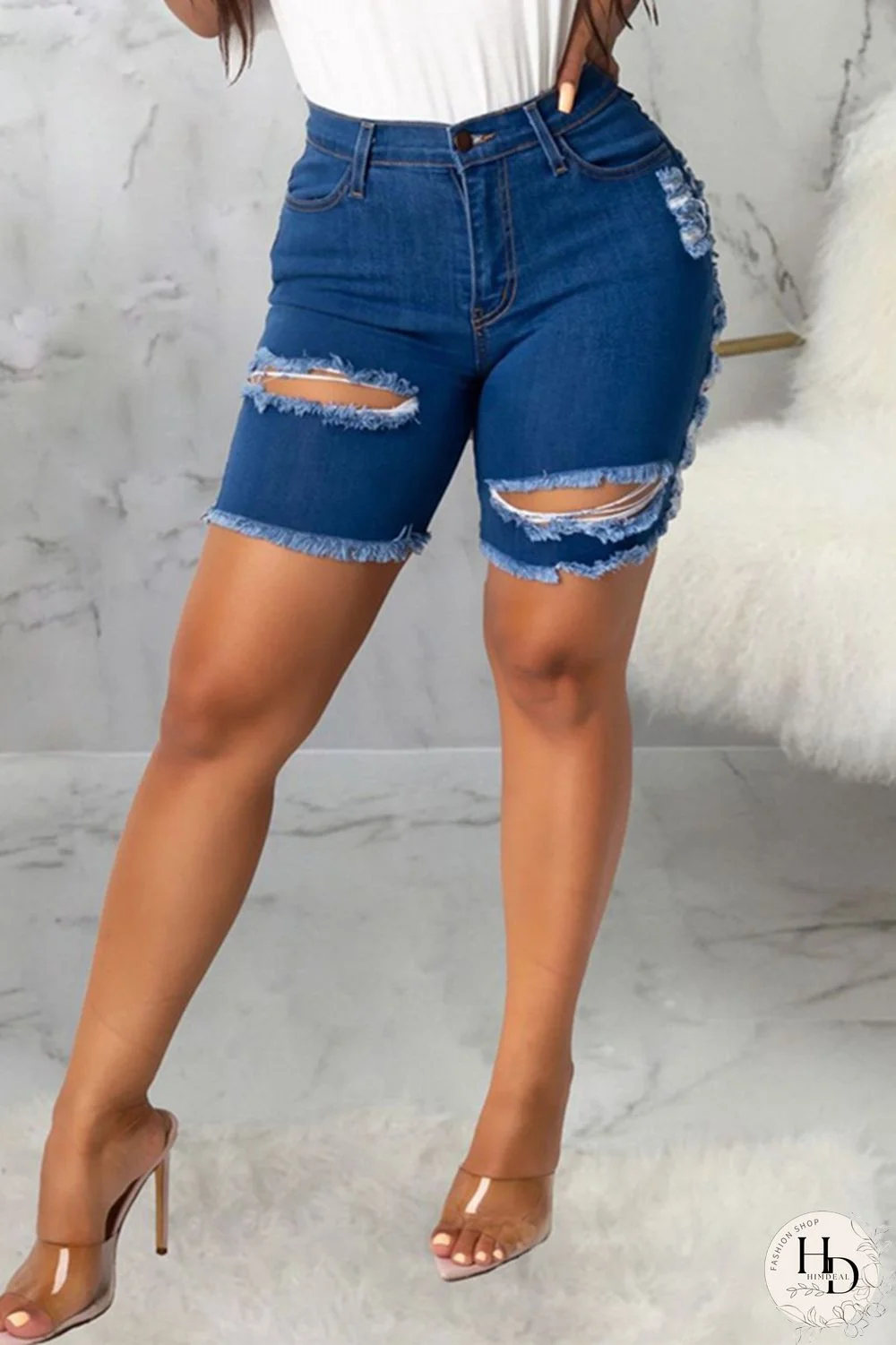 Dark Blue Fashion Sexy Solid Ripped High Waist Straight Jeans