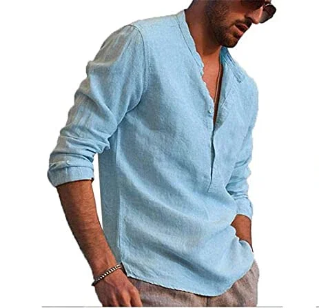 Cartoonh Men’ s Shirt Cotton linen Solid Color Stand Collar Long Sleeve Shirt Smart Casual Men’ s Blouse Plus Size S/M/L/XL/XXL