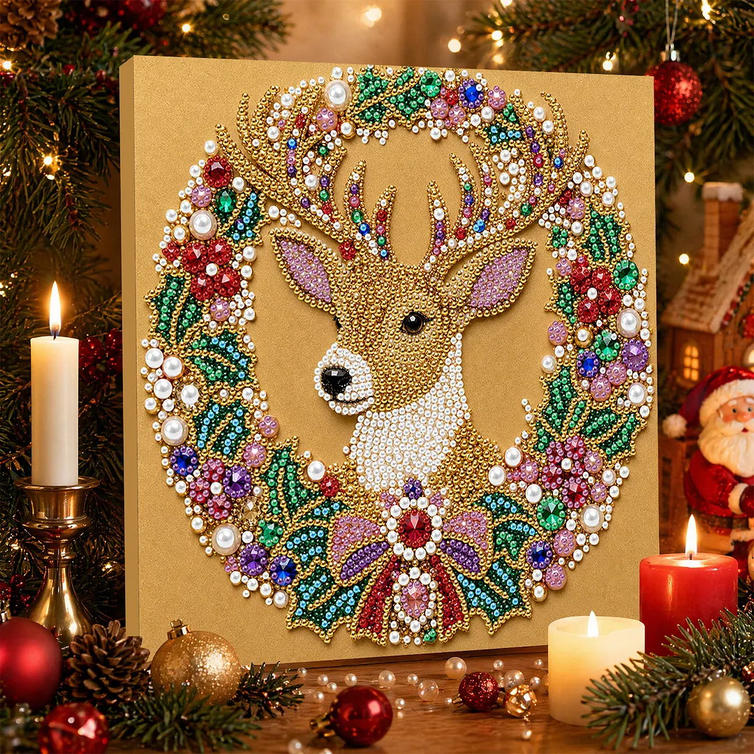 Christmas Reindeer Wreath Framed Pearl Painting Kit 25x25cm for Adults