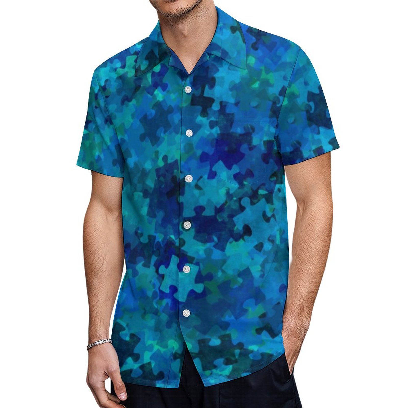 Autism Awareness Blue Puzzle Collage Hawaiian Shirt Mens Button Down Plus Size Tropical Hawaii Beach Shirts