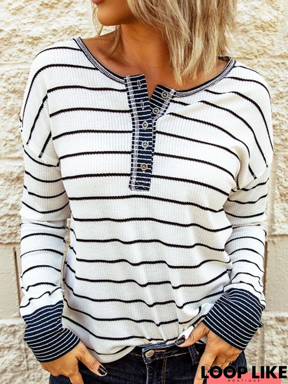 White Round Neck Stripes Cotton-Blend Casual Tunic Sweatshirt