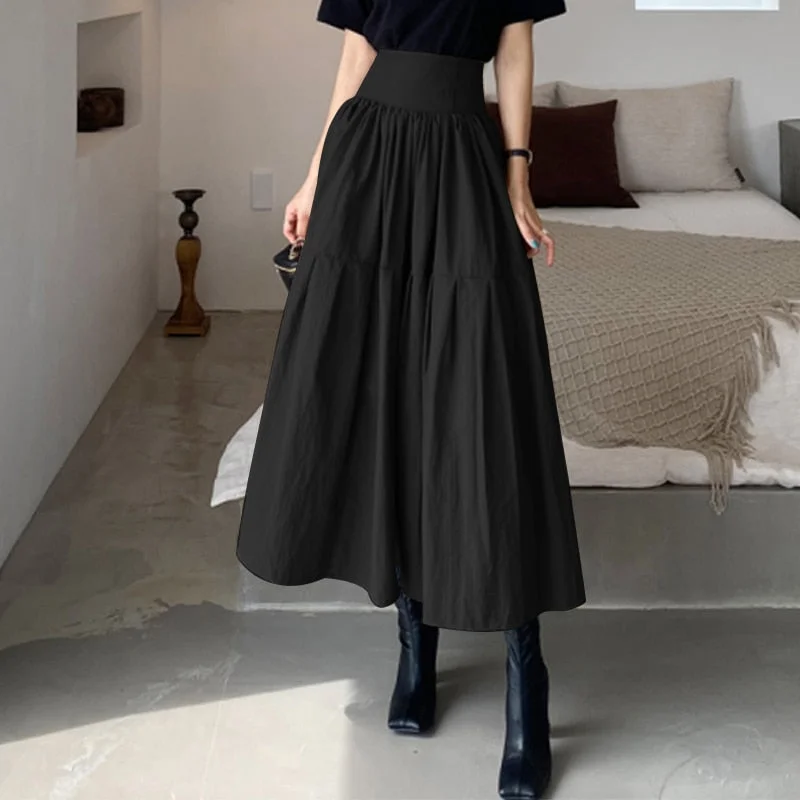 Celmia Fashion Women High Waist Skirt Pleated A-line Swing Party Skirt 2021 Summer Casual Loose Holiday Zipper Solid Midi Skirts