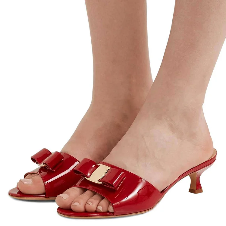 Red Patent Leather Bow Kitten Heels Mules Sandals |FSJ Shoes