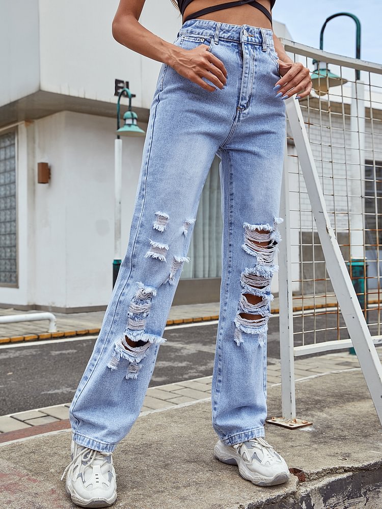 Comstylish Women's Trendy Ripped Straight Slim Jeans