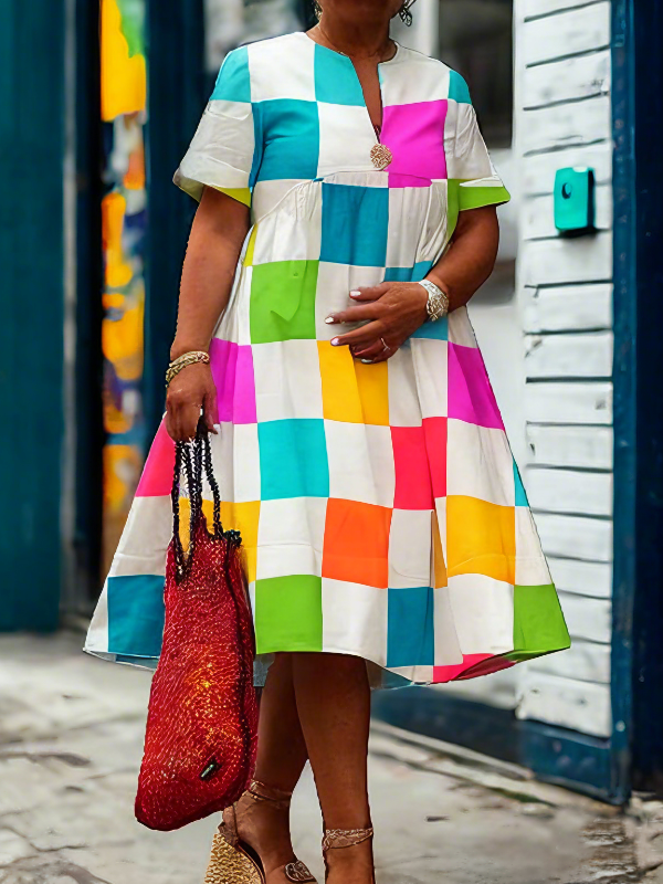 Contrast Color Plaid Pleated A-line Loose Deep V-Neck Shirt Dress Midi Dresses