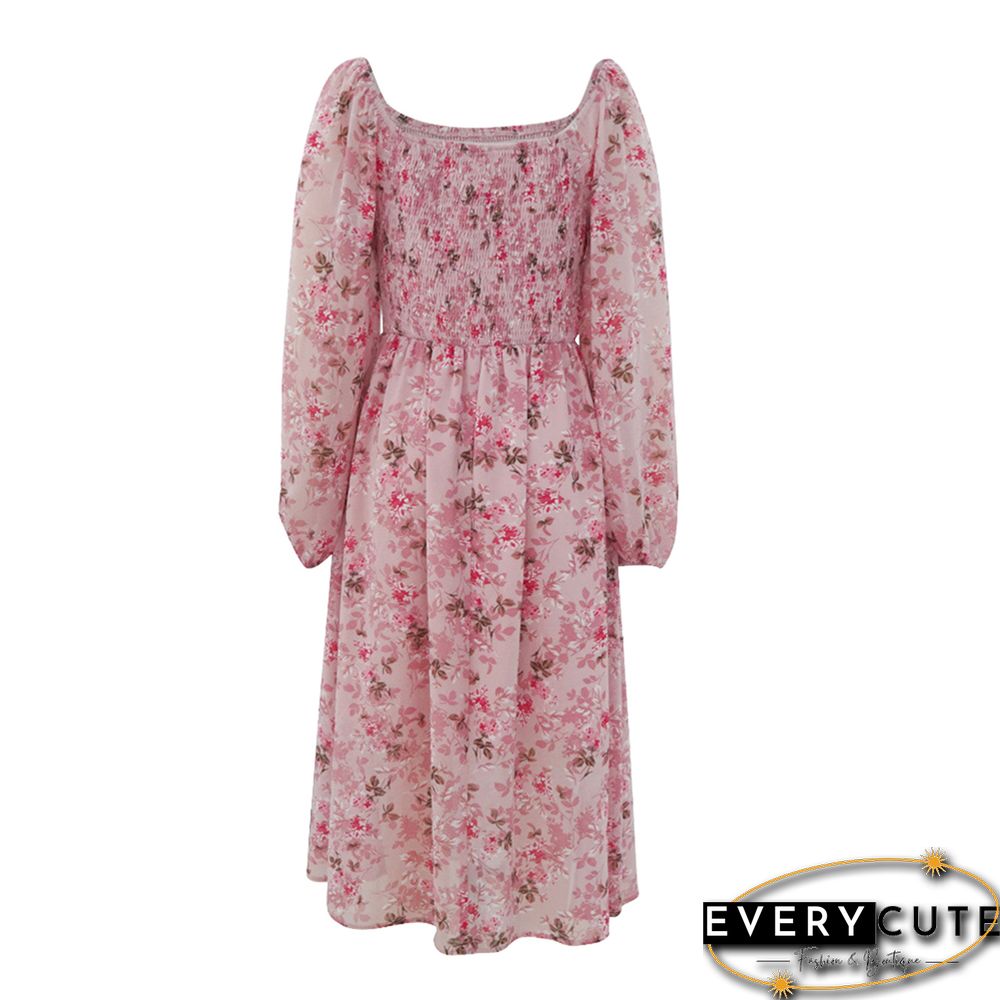 Pink Square Neck Back Pleated Chiffon Floral Dress
