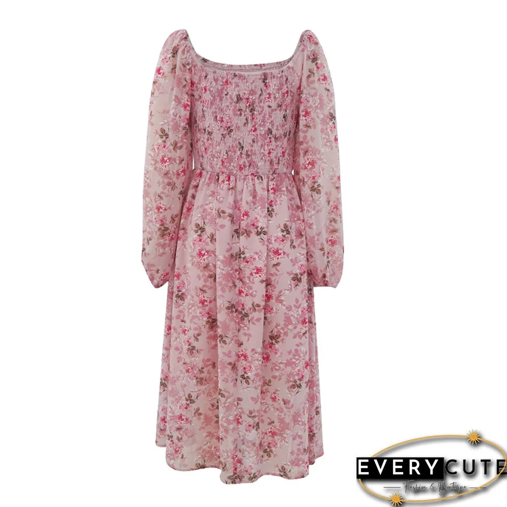 Pink Square Neck Back Pleated Chiffon Floral Dress