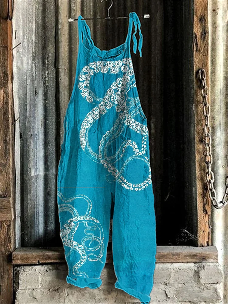 Vintage Octopus Print Linen Blend Casual Jumpsuit