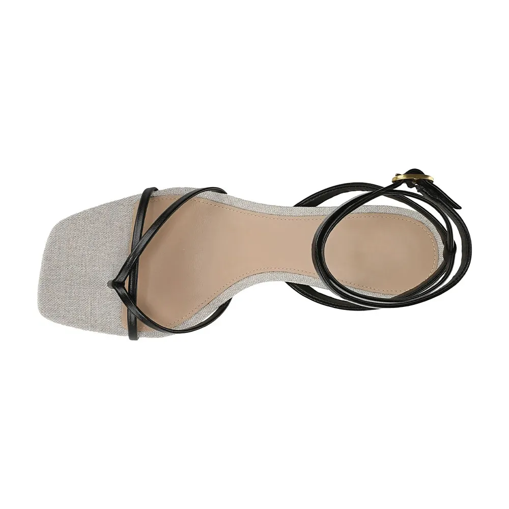 YDN Black Open Square Toe Flip-Flop Style Strap Heels Sandals
