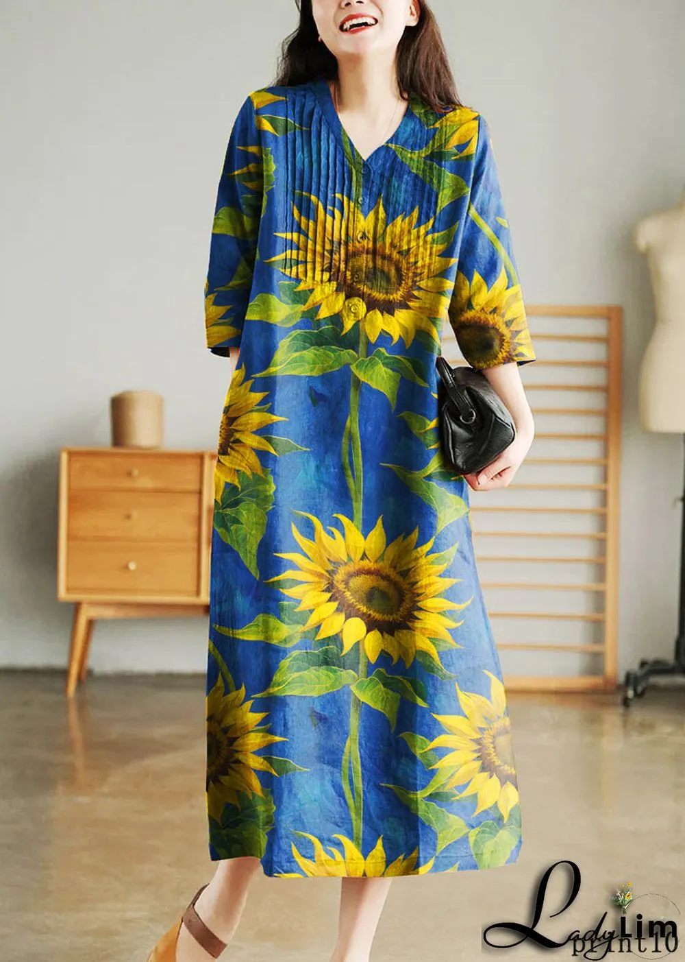 Grey Print6 Loose Linen Long Dresses Button Solid Half Sleeve