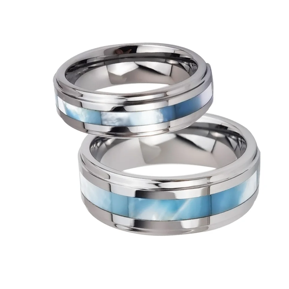 6MM 8MM Silver Women's Or Men's Tungsten Carbide Wedding Rings with Blue Turquoise Inlay Comfort Fit