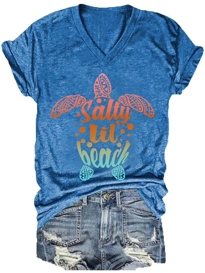 🔥Buy 3 Get 10% Off🔥Women's Salty Lil Beach Turtle Print V-Neck T-Shirt