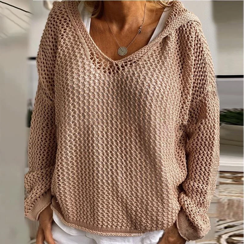Brownm Outer Wear Knitted Pullover Hooded Sun-proof Top Thin Loose Sweater
