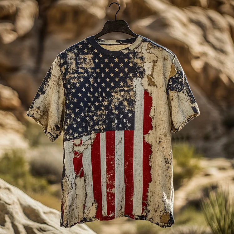 Men's American Independence Day Flag Art Vintage Linen T-shirt